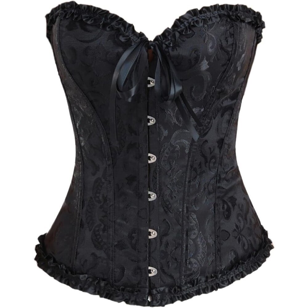 Women Black Lace Up Boned Overbust Corset Top Bustier Lingerie Bodysuit
